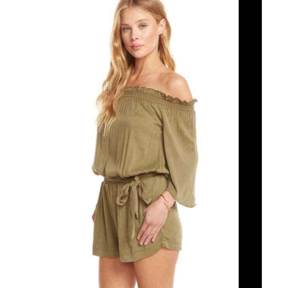 CHASER Olive Green Romper Womens Small Off Shoulder Ruffle Drawstring Boho